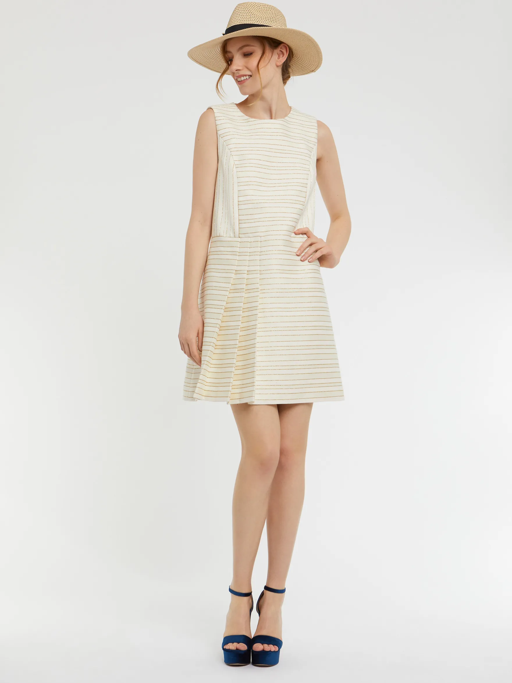 Women Paule Ka Dresses>Pleated Pinstripe And Lurex Mini Dress