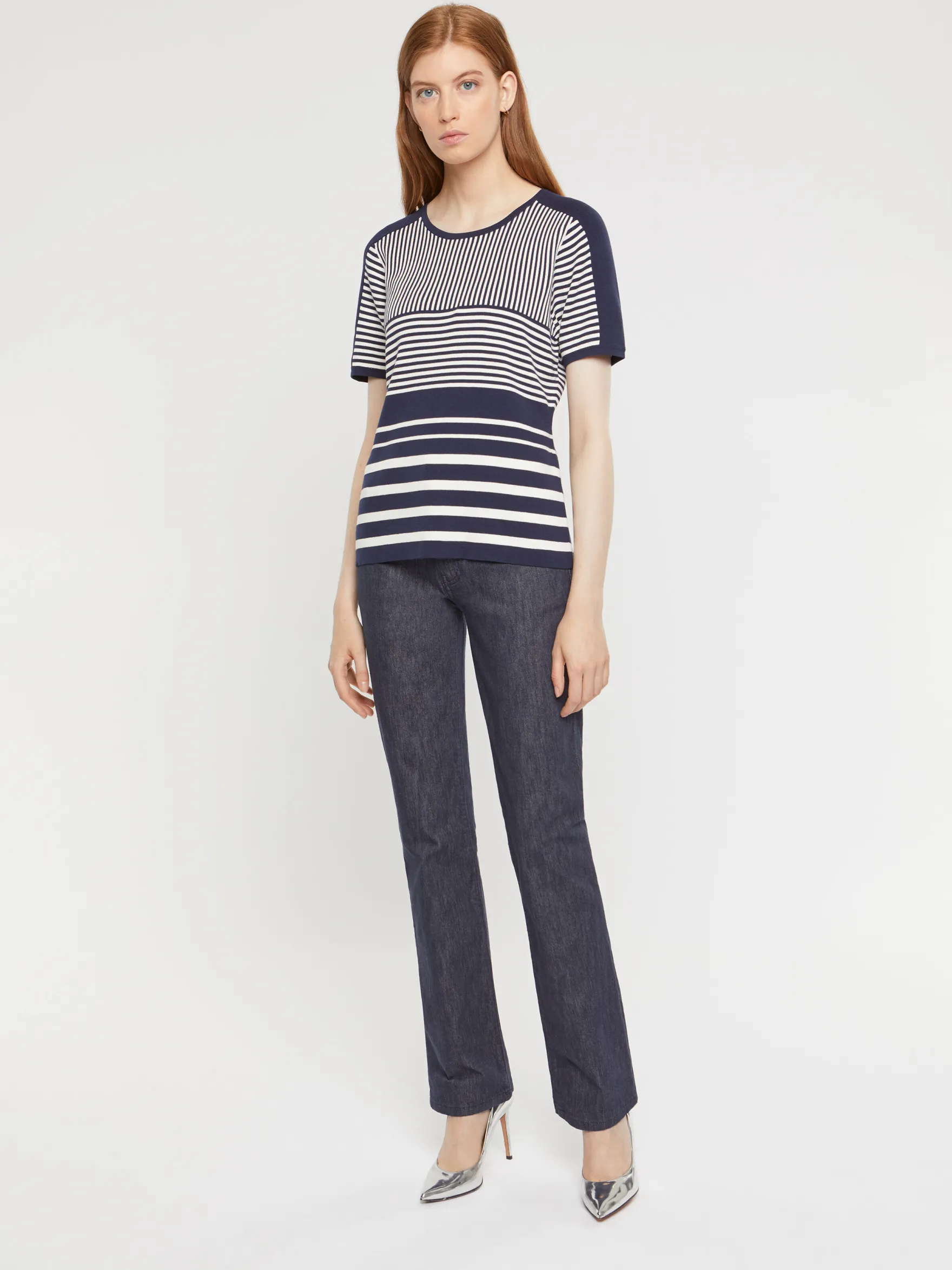 Women Paule Ka Knitwear>Short-Sleeve Striped Cotton Sweater